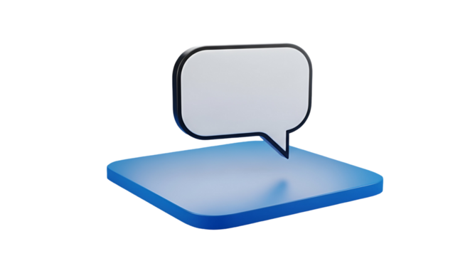 3d icon of 3d speech bubble on blue platform isolated on transparent background, representing communication and feedback