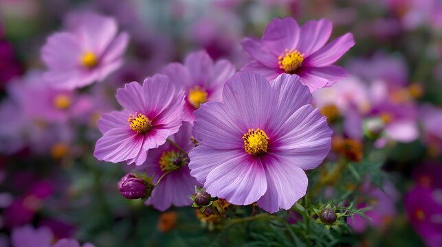 Pink Cosmos Flowers with Purple Petals and Yellow Centers on Green Foliage, Aerial iPhone Shot with Natural Daylight and Shallow Depth of Field