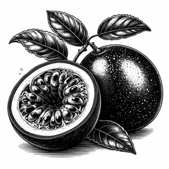 Vintage passion fruit engraving featuring a halved fruit, whole fruit, and leaves in monochrome