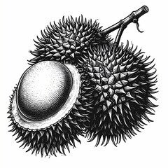 Detailed scratchboard style black ink drawing of a rambutan fruit cluster on white.