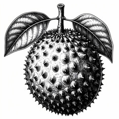 Detailed engraving of a soursop fruit showcasing its spiky skin and vibrant leaves in line art.