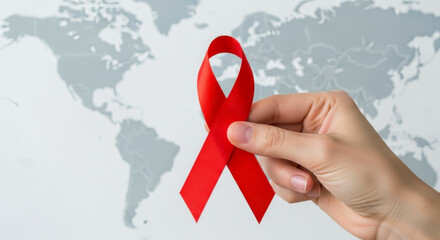 Hand holding red ribbon against world map background symbolizing aids awareness and global health initiatives