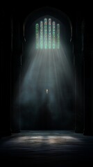 Mysterious ancient hall with divine light streaming through ornate stained glass windows illuminating dusty atmosphere