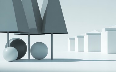 Abstract geometric shapes with spheres and triangular forms on a clean white background