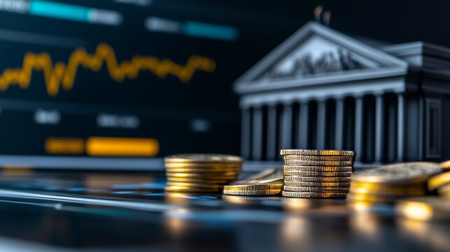 Gleaming gold coins stacked near a grand bank building with dynamic stock market charts in the background symbolizing financial growth and investment success - Powered by Adobe
