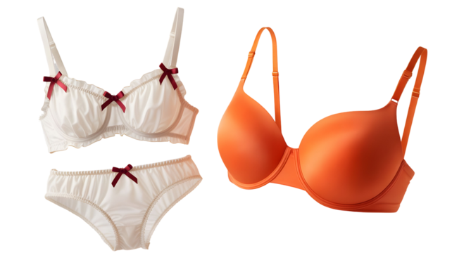 Elegant lingerie set with bows, orange bra for style guides, fashion blogs, and intimate apparel advertising, promoting femininity and comfort