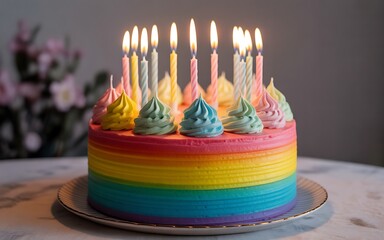 A vibrant rainbow birthday cake adorned with colorful frosting swirls and lit candles