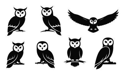 Owl Silhouette Set Black Vector Icons of Owls in Various Poses