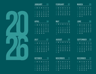 2026 Year English Calendar template, layout monthly horizontal page in Transformative Teal, turquoise design. Monochrome Yearly planner week start Sunday