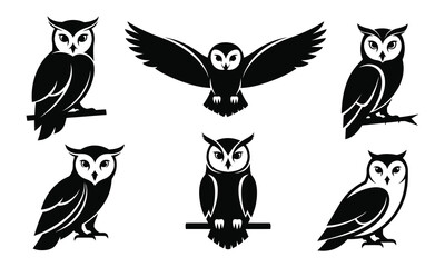 Owl Silhouette Set Black Vector Icons of Owls in Various Poses
