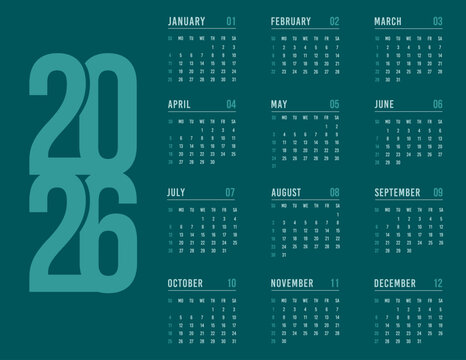 2026 Year English Calendar template, layout monthly horizontal page in Transformative Teal, turquoise design. Monochrome Yearly planner week start Sunday