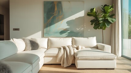 Cozy living room with a large sectional sofa, throw blanket, and modern art
