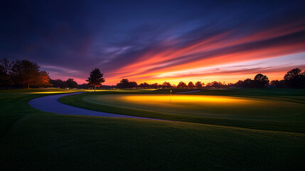 Vibrant Sunset Over Golf Course Green With Winding Path And Colored Sky Horizon. A serene golf course at dusk features a glowing green fringe, a curved cart path, and a dramatic sunset.