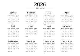 2026 German Yearly Calendar Horizontal Template A4 Format. Deutsch Kalender Wall or Desk Jahresplaner