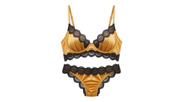 Luxurious golden lingerie set with delicate black lace, perfect for adding a touch of elegance and sophistication to your intimate apparel collection