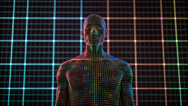Digital human silhouette stands against grid background, illuminated by colorful pixelated lights, creating futuristic atmosphere
