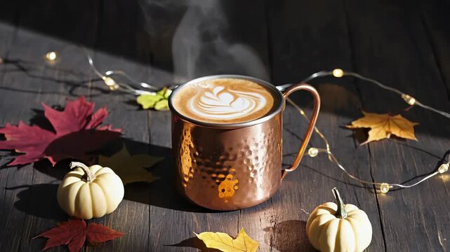 Steaming Latte Art in Copper Mug with Pumpkins, Autumn Leaves, and Fairy Lights on Dark Wood Table