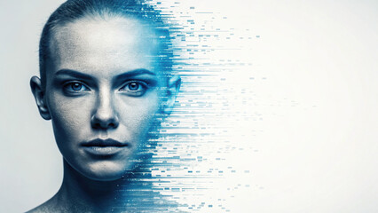 Digital face emerges from pixelated fragments, blending human and technology in futuristic style