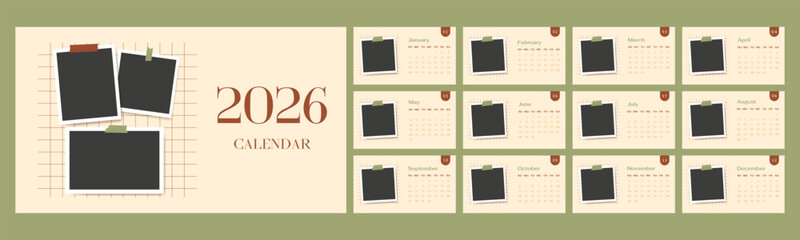 Retro 2026 english calendar year template set of horizontal layout pages. Blank photo frame collage design. 