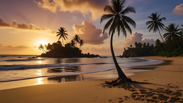 tropical beach with palm trees at sunset background