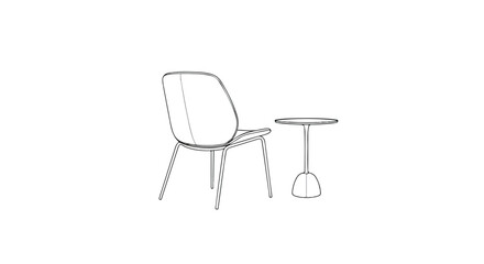 Minimalist furniture line drawing of chair and table, modern interior design concept.