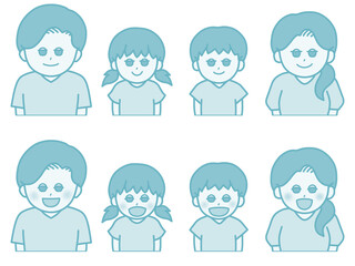 4人家族の表情違いイラスト　笑顔　ブルー