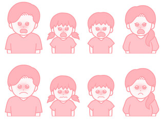 4人家族の表情違いイラスト　ムカムカ＆困った顔　ピンク