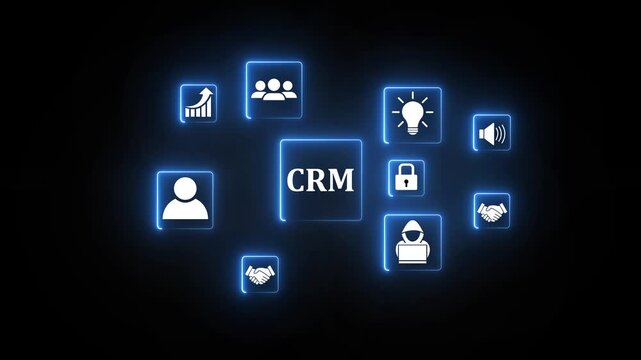 CRM Customer Relationship Management Flowchart with Business Icons and Neon Blue Glow .4k video animation