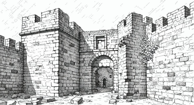 Old castle gate and walls drawn in detailed architectural line perspective.