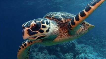 Obraz premium Hawksbill sea turtle swimming in the ocean