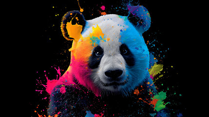 A panda head bursts with neon paint splashes on a black background, vibrant surreal portrait bright