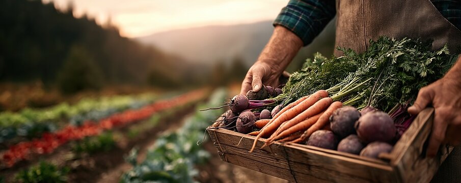 Farmer harvests organic vegetables grown without chemicals, preparing them for market to promote healthy, natural produce