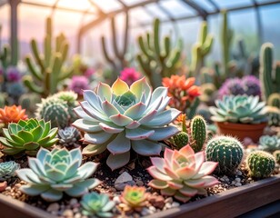 Succulents and cacti in a vibrant array, flourishing in a greenhouse