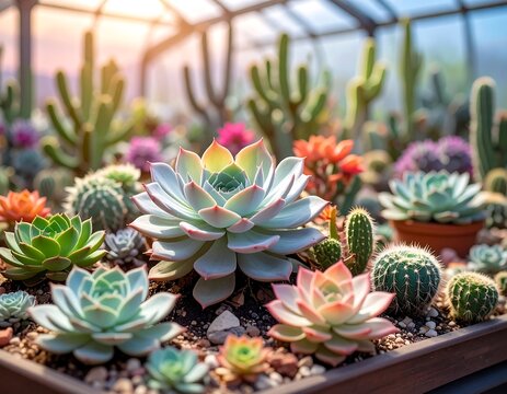Succulents and cacti in a vibrant array, flourishing in a greenhouse - Powered by Adobe