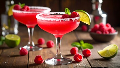 Refreshing Raspberry Cocktails with Limes with Sugar Rim, and and Mint on Wood Table.