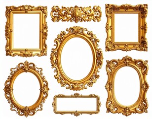 Set of golden frames - Isolated white Background 