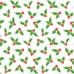 Christmas Holly Berry Seamless Pattern on White