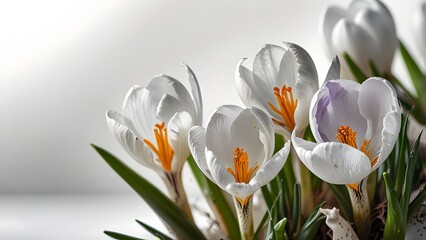 delicate petals of white crocus flowers unfurl in the soft light of spring.
