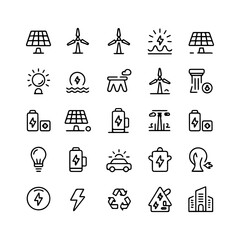 Renewable Energy Line Icon Set | Solar Wind Power Eco Electric Sustainability Icons