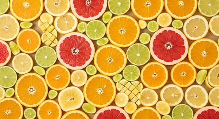 Vibrant overhead view of a colorful and refreshing assortment of sliced citrus fruits including oranges grapefruits lemons and limes creating a healthy and juicy abstract background pattern