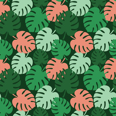 Green and Coral Monstera Leaf Seamless Tropical Background, Repeated Abstract Exotic Botanical Print Background, Tropical Summer Monstera Leaf Fabric Pattern illustration