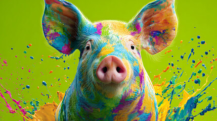 A bright pig covered in multicolor paint splashes, head tilted, set against a neon green background