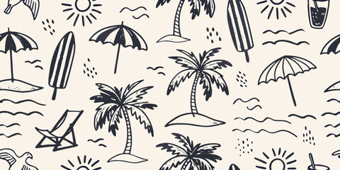 Hand drawn doodle pattern of tropical beach elements including palm trees surfboards umbrellas and sun on a light background © SreemotiRaba
