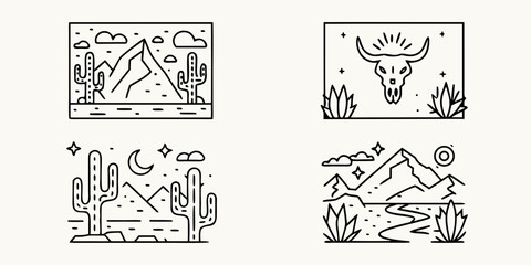 Set of minimalist line art illustrations depicting desert landscapes with cacti mountains and a bull skull emblem © SreemotiRaba