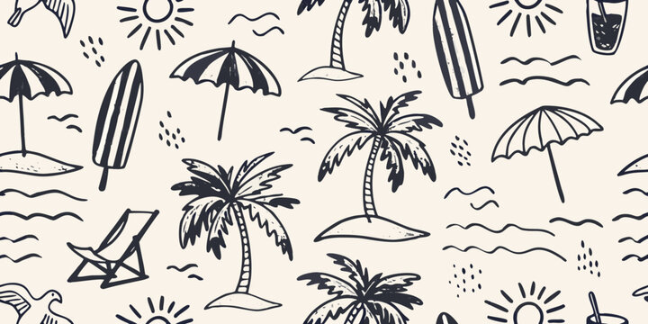 Hand drawn doodle pattern of tropical beach elements including palm trees surfboards umbrellas and sun on a light background