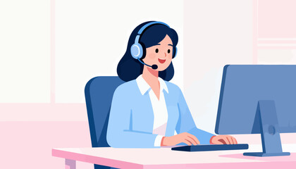 A woman is sitting at a desk with a computer and a headset on. She is smiling and she is happy