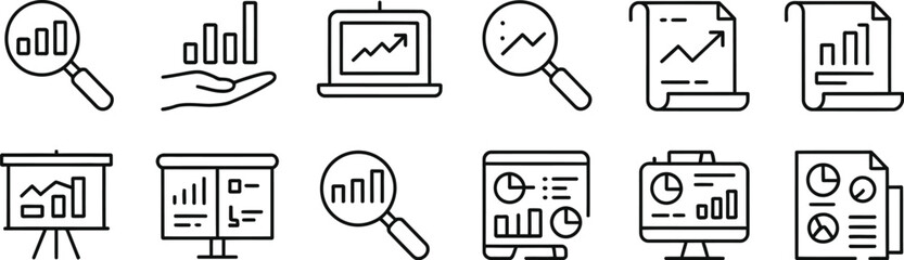Data analysis icon vector set, profit graph illustration sign collection, data science symbols, business analytics icons, statistics, charts, growth trend, financial data visualization, digital inform
