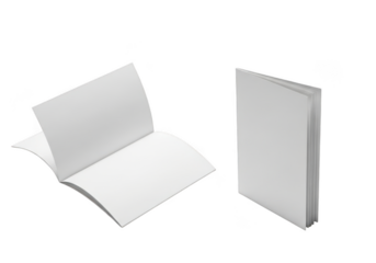 High-resolution blank white book mockup open and closed for design template, realistic paper texture, editorial use, isolated on transparent background