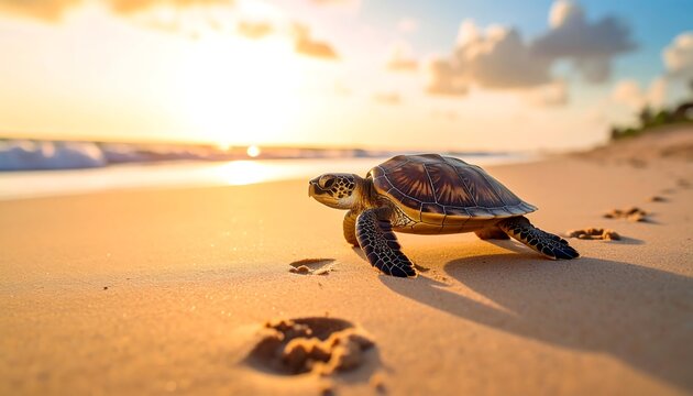 Sea turtle crawling on sandy beach at sunset with footprints, ocean, and vibrant sky.