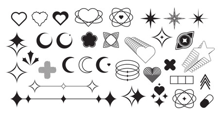 Collection of abstract graphic design elements and icons in black and white